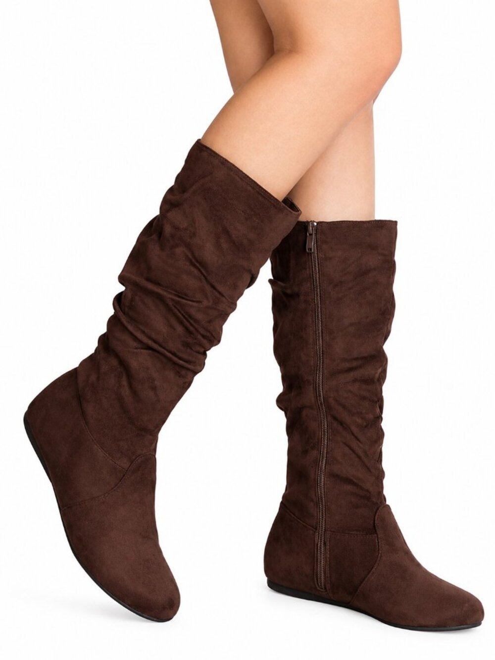 New Chocolate Brown Slouchy Faux Suede Mid Calf Flat Boots Round Toe Zip Pull-On